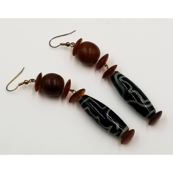 Tribal African Trade Beads, Horn Beads, 4 " Earrings Estate 1970s, Vintage E111 - Picture 2 of 2